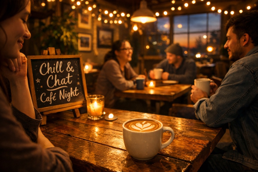 Adults talking over coffee at a casual evening gathering