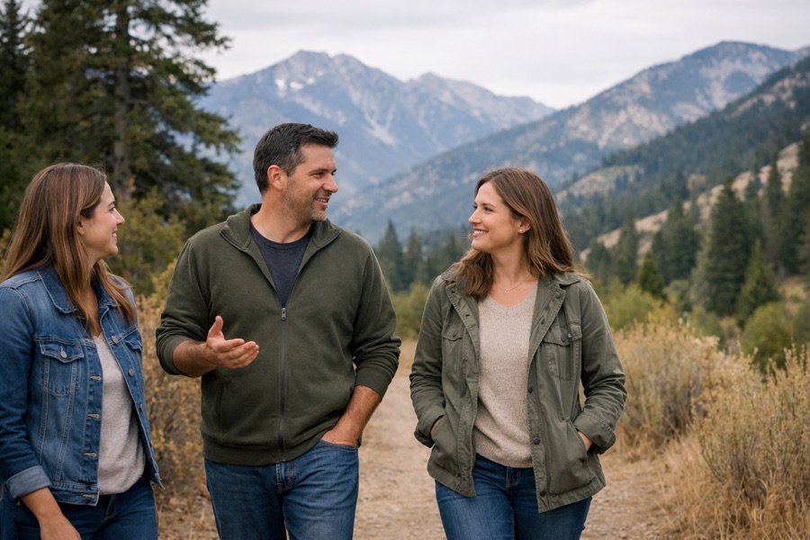 Three adults talking while walking on a mountain trail