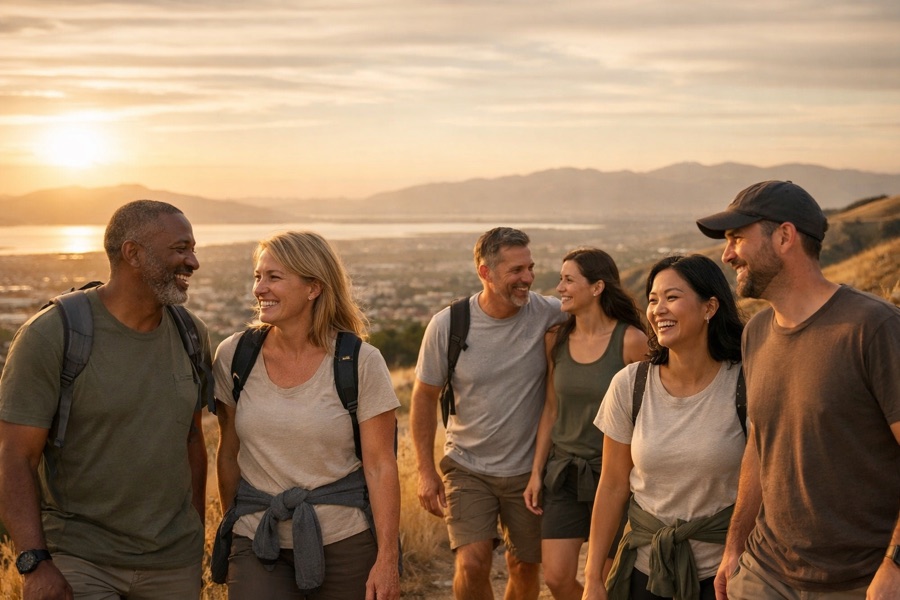 A group of adults hiking above a Utah valley at sunset