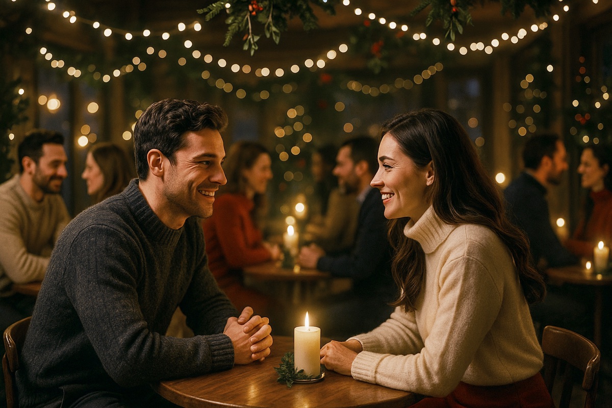 Two adults talking at a warmly lit singles event