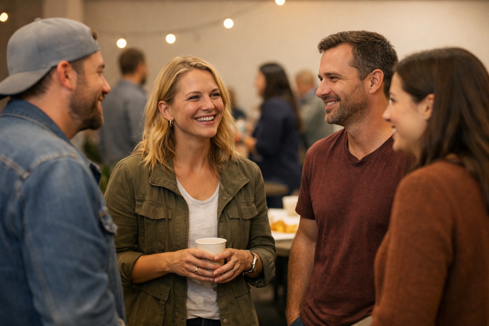 Adults talking and smiling at a community gathering